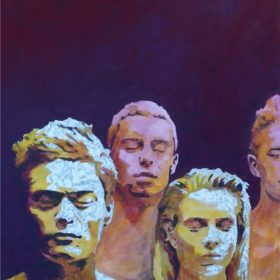 Schweigend I, 2017, Acryl und Papiercollage auf Leinwand, 80 x 140 cm