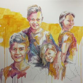 Enkelkinder, 2018, Acryl und Papiercollage auf Leinwand, 100 x 145 cm