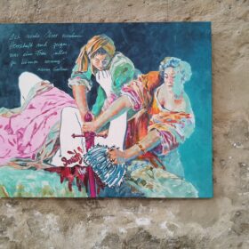 "Smash The Patriarchy", 2022, frei nach Artemisia Gentileschi "Judith und Holofernes"; Acryl und Papiercollage auf Leinwand, 130 x 160 cm