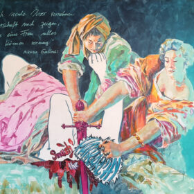 Smash the Patriarchy, 2022; frei nach Artemisia Gentileschi „Judith und Holofernes“; Acryl und Papiercollage auf Leinwand; 130 x 160 cm
