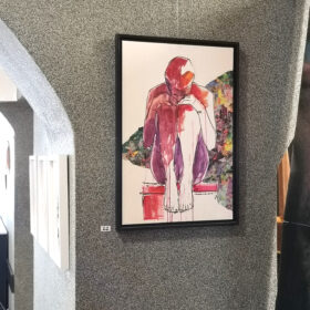 In mir, rot, 2016, Acryl und Papiercollage auf Malplatte, 48 x 70 cm	