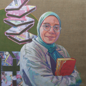 Arwa Elabd, 2025, Acryl und Papiercollage auf Leinwand, 90 x 90 cm