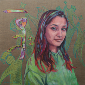 Zahra Hashimi, 2025, Acryl, Papiercollage und Papiertransfer auf Leinwand, 90 x 90 cm