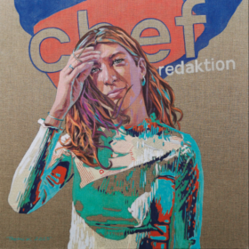 Melisa Erkurt, 2025, Acryl und Papiercollage auf Leinwand, 90 x 90 cm