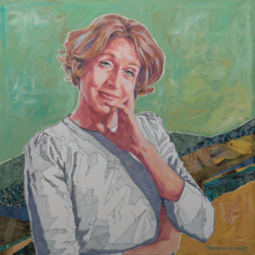 Stephanie Krisper, 2025, Acryl, Tusche und Papiercollage auf Leinwand, 90 x 90 cm