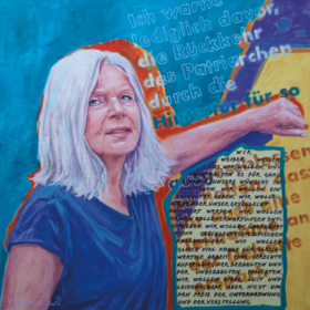 Elfriede Hammerl, 2026, Acryl und Papiertransfer auf Leinwand, 90 x 90 cm