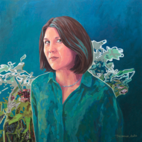 Michaela Krömer, 2026, Acryl und Papiercollage auf Leinwand, 90 x 90 cm